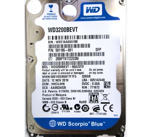 *Б/У* Жесткий диск 2,5" 320Gb WD WD3200BEVT SATA-II 5400rpm, с разбора