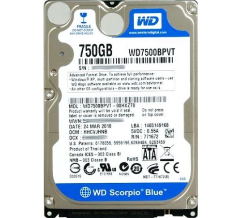 *Б/У* Жесткий диск 2,5" 750Gb WD WD7500BEVT SATA-II 5400rpm, с разбора
