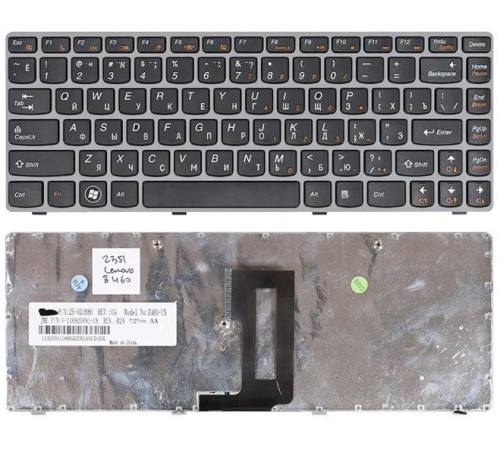 Клавиатура для ноутбука Lenovo Z450 Z460 Z460A Z460G черная с серой рамкой